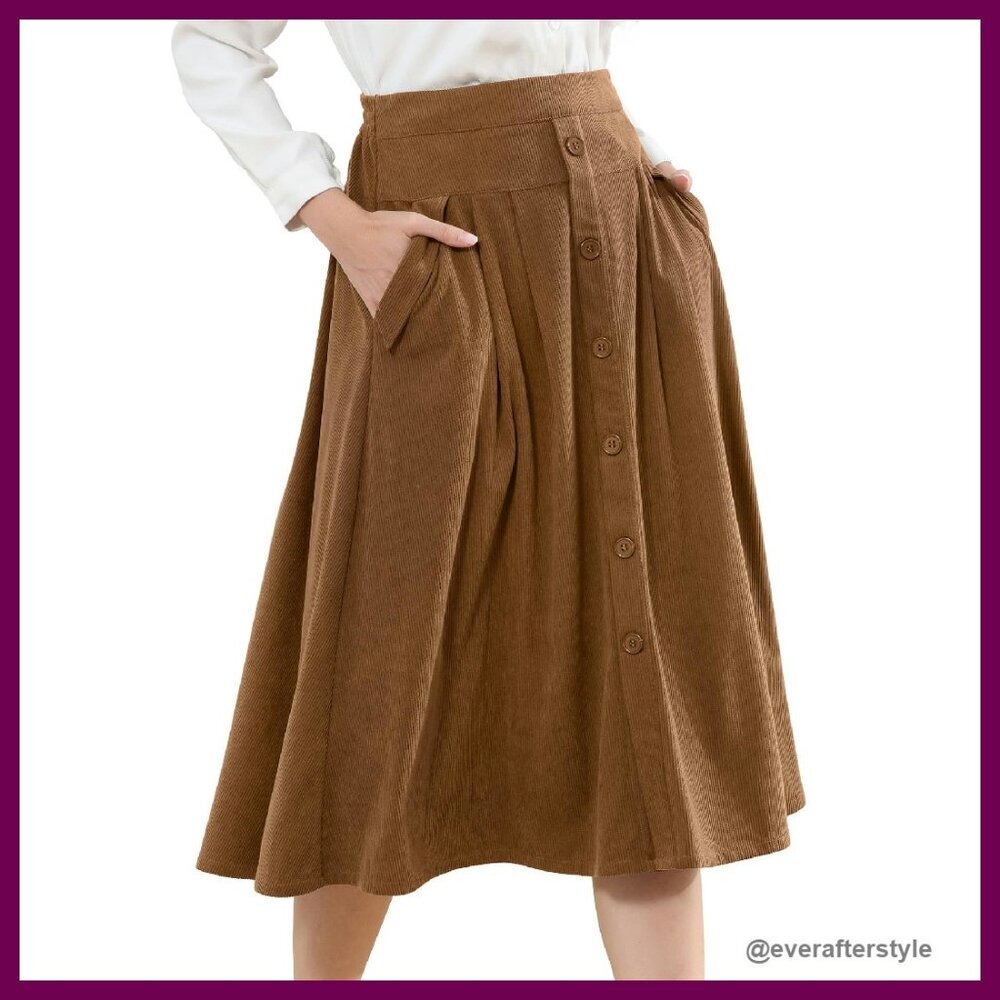 Vintage Corduroy Skirt High Waist Pleated A-Line Midi with Pockets Fall Winter - Picture 1 of 8